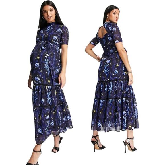 ASOS Hope & Ivy Maternity open back star print midi dress in cobalt  Size 8 - Picture 3 of 15